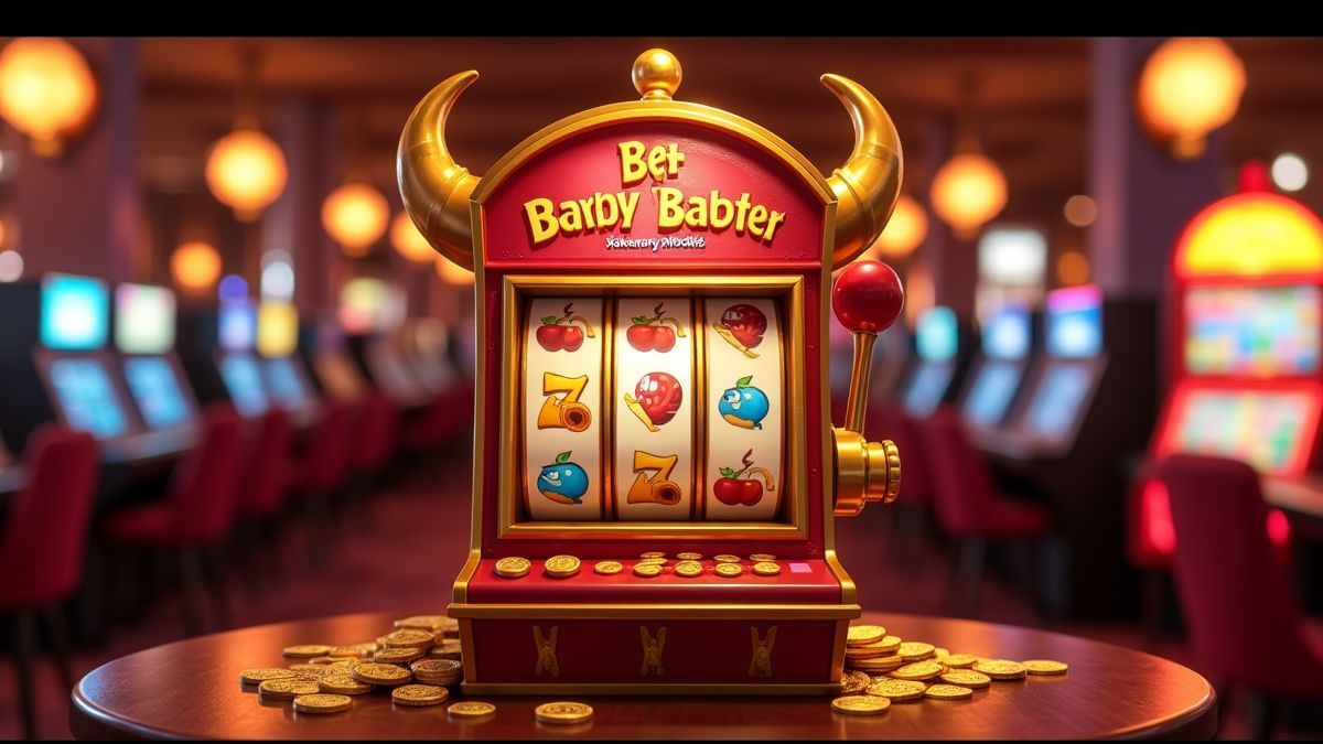 Compact animated slot machine with red devilish styling and jackpot effects