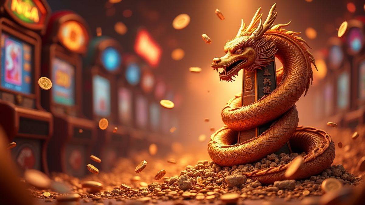 Pixar-artiger asiatischer Drache, der sich um einen Bronze-Slotautomatenturm windet