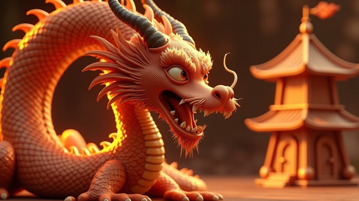 Animierter Drache neben einem Kupferspielautomaten und einem hölzernen Bonus-Turm