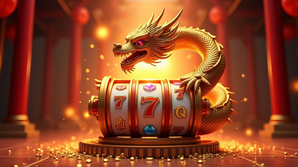 Goldener Drache neben einem Kaskaden-Slotautomaten im Tempelstil
