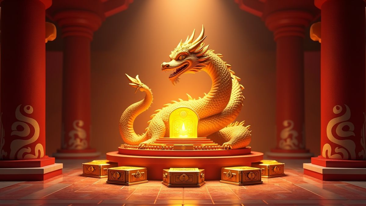 Goldener Drache bewacht einen leuchtenden progressiven Jackpot-Tresor