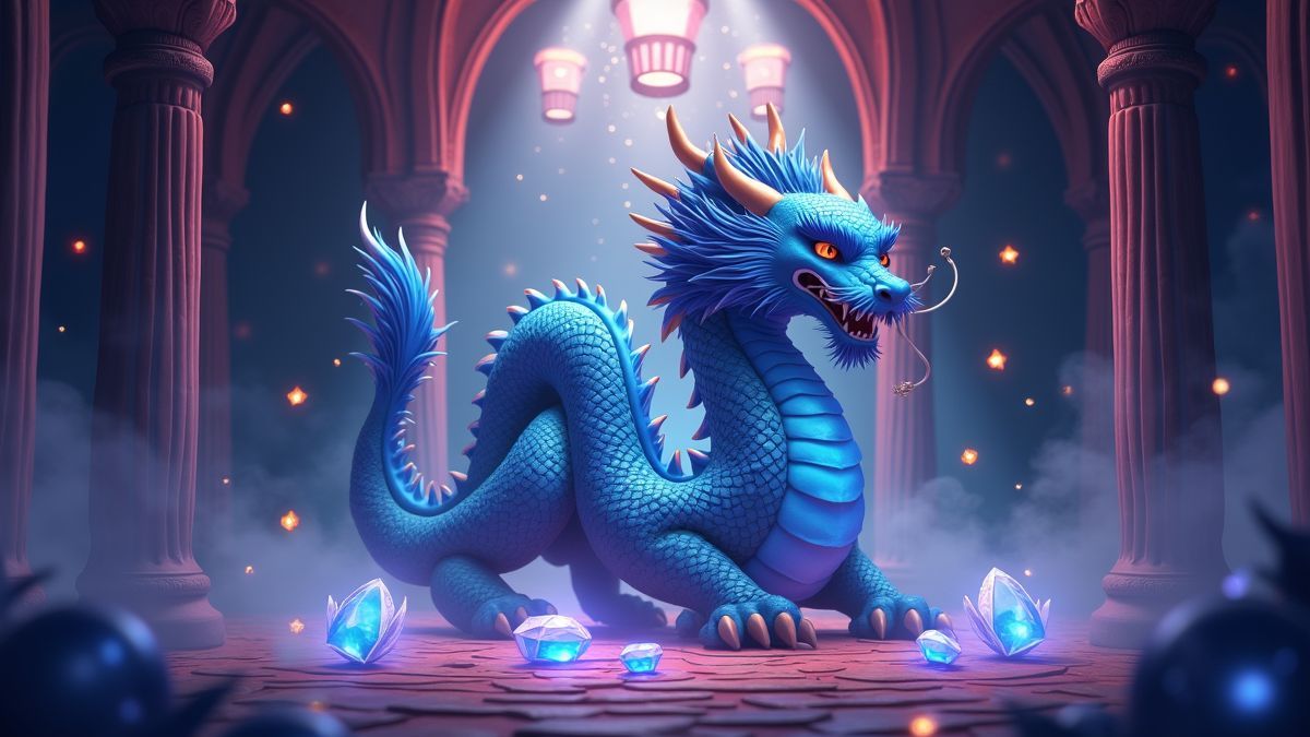 Slot machine de dragão asiático animado rodeado por efeitos de jackpot silver
