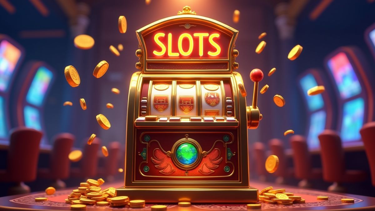 Máquina tragaperras de fantasía animada rodeada de efectos de jackpot brillantes