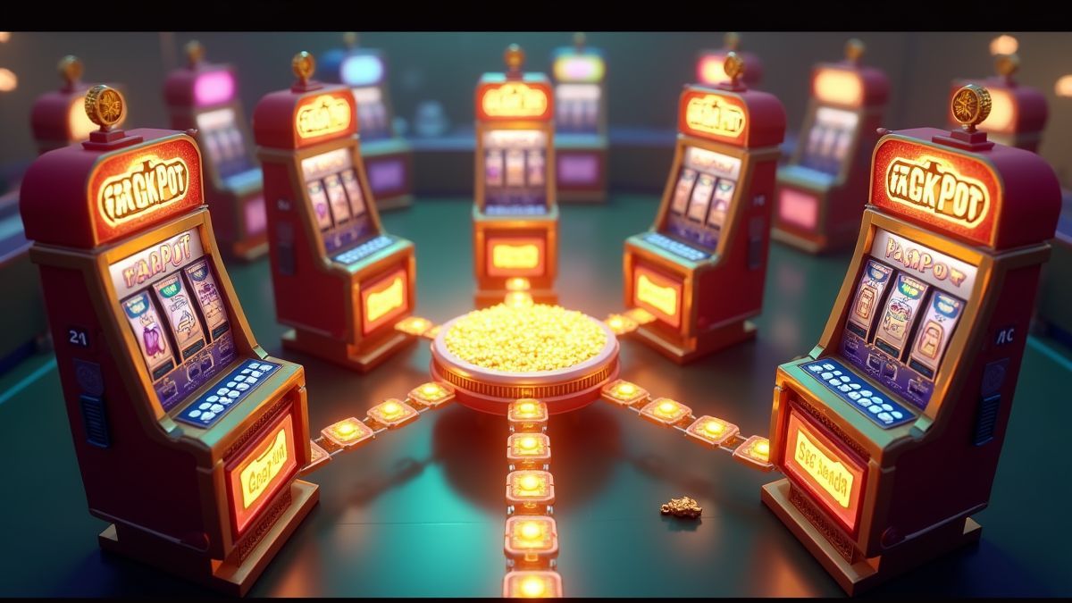 Máquinas tragamonedas animadas vinculadas que representan la red de botes Dream Drop