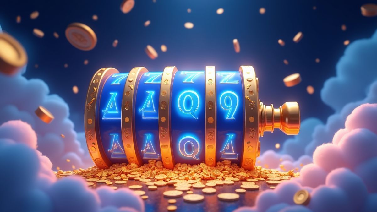 Máquina tragaperras Dream Drop animada rodeada de monedas y nubes resplandecientes
