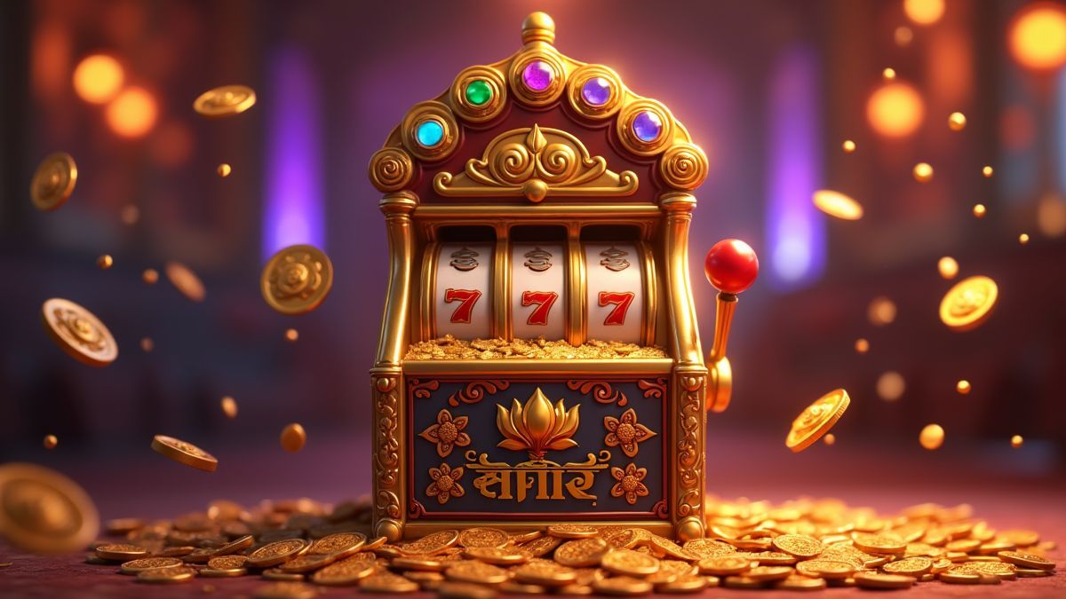 Pixar-ähnlicher Fakir-Slot-Automat, umgeben von leuchtenden Münzen und Lotusdetails