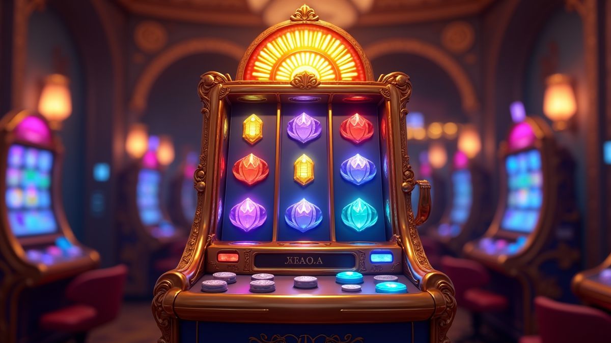 Animierter, von Fakir inspirierter Spielautomaten mit Leuchteffekten in einem Casino
