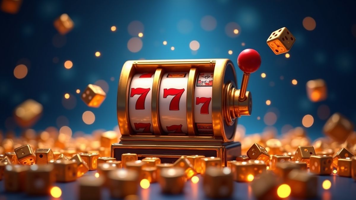 Pixar-style dice slot machine surrounded by golden jackpot sparks