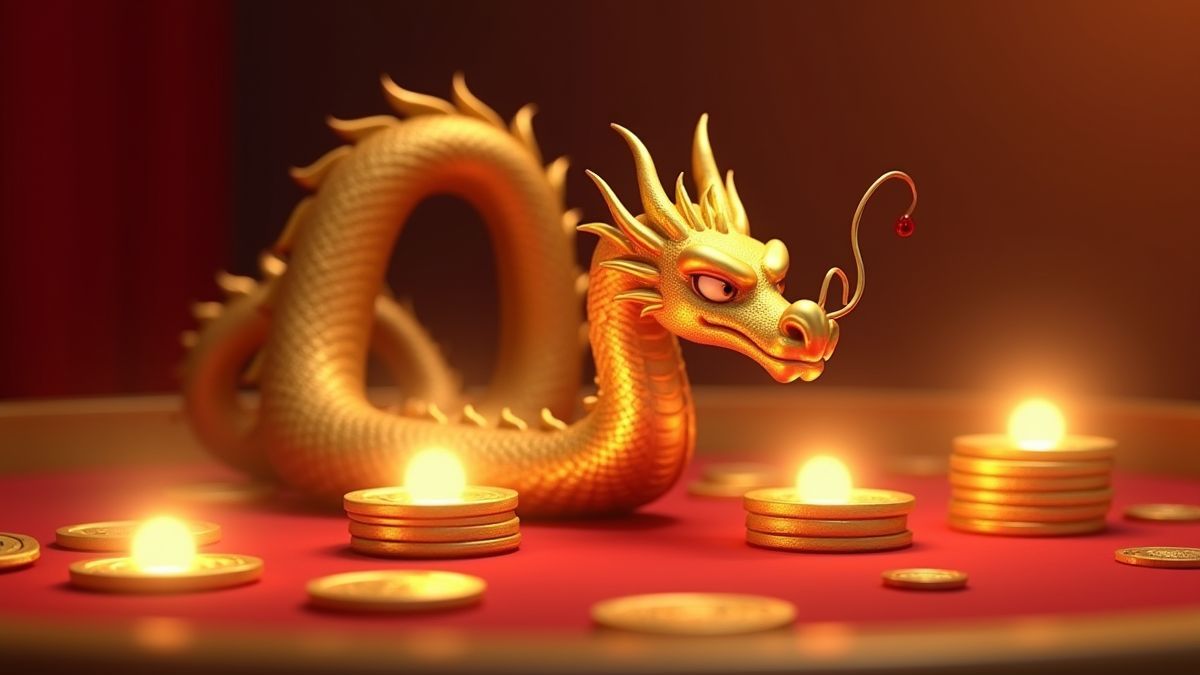 Animated golden dragon surrounded by separate jackpot coin pools