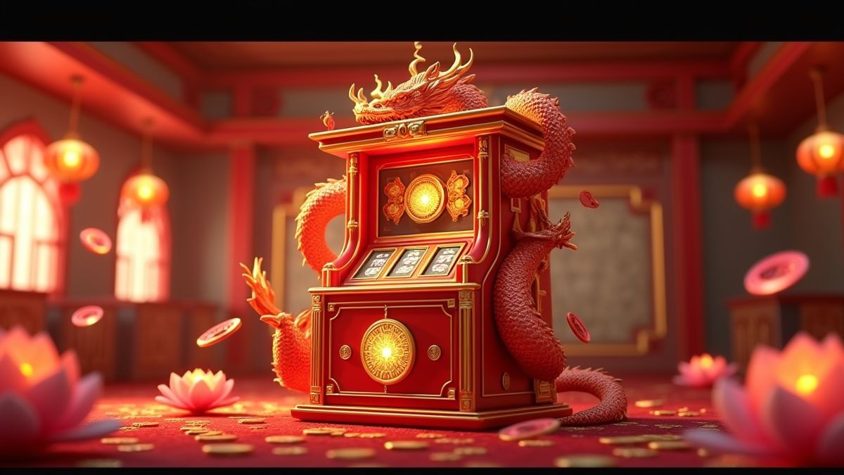 Animated dragon-themed slot machine with coins and lotus flowers