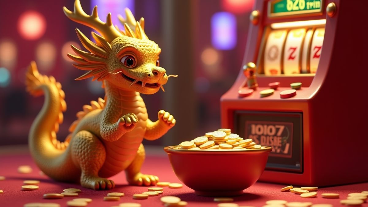 Golden animated dragon beside a modest coin jackpot