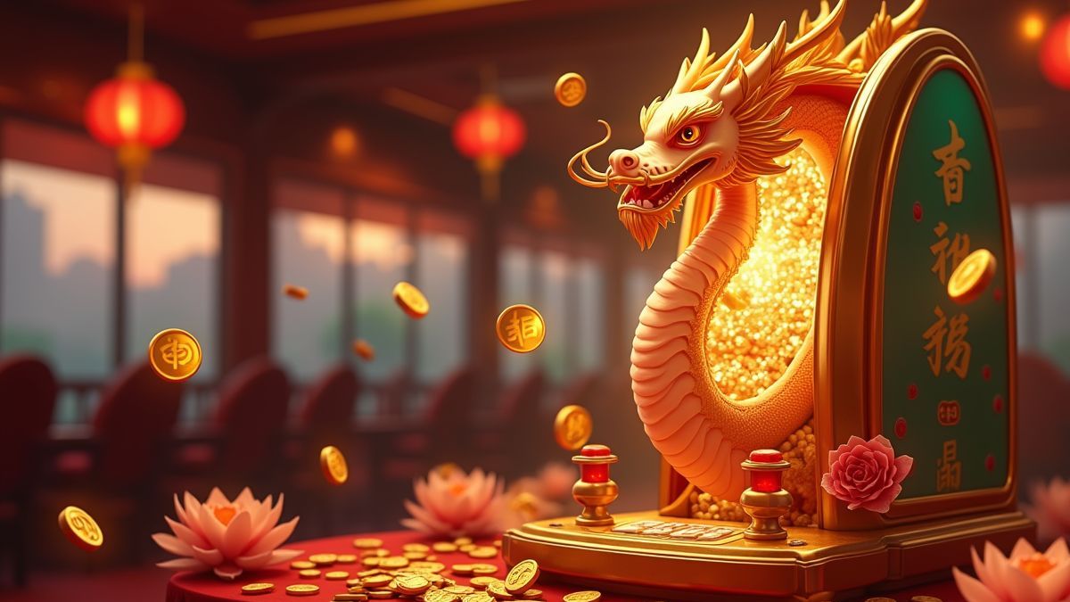 Animated Feng Li Dragon slot machine with gold coins and lotus details