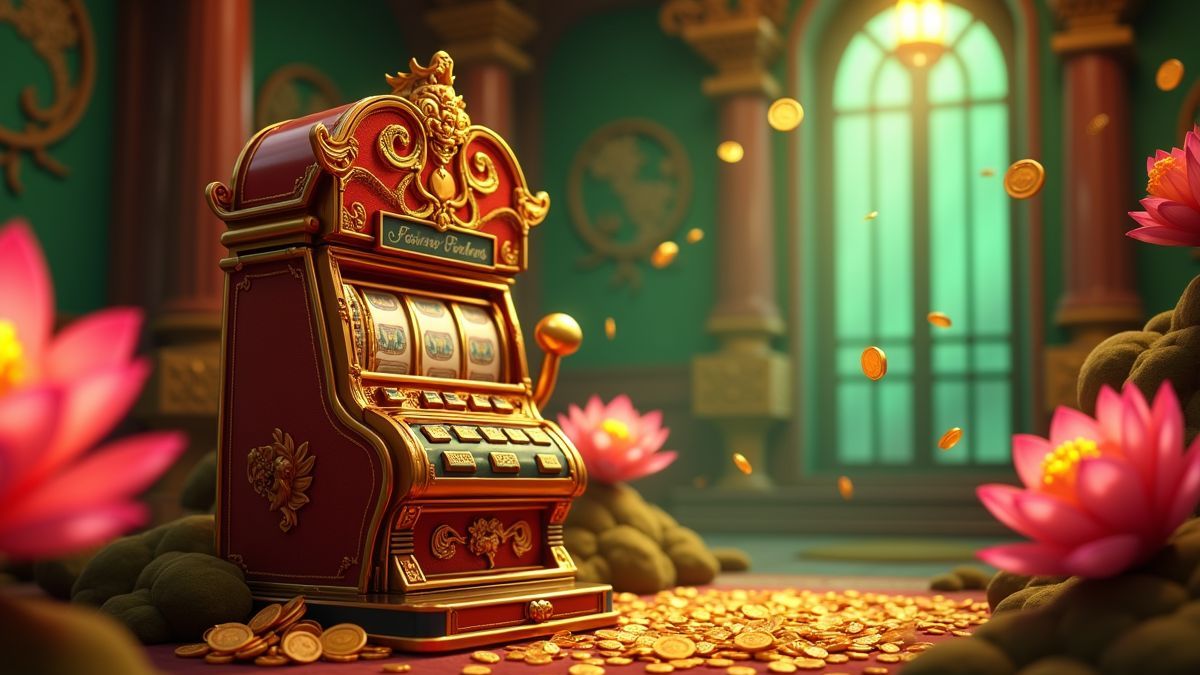 Dragon-themed animated slot machine with a glowing coin room