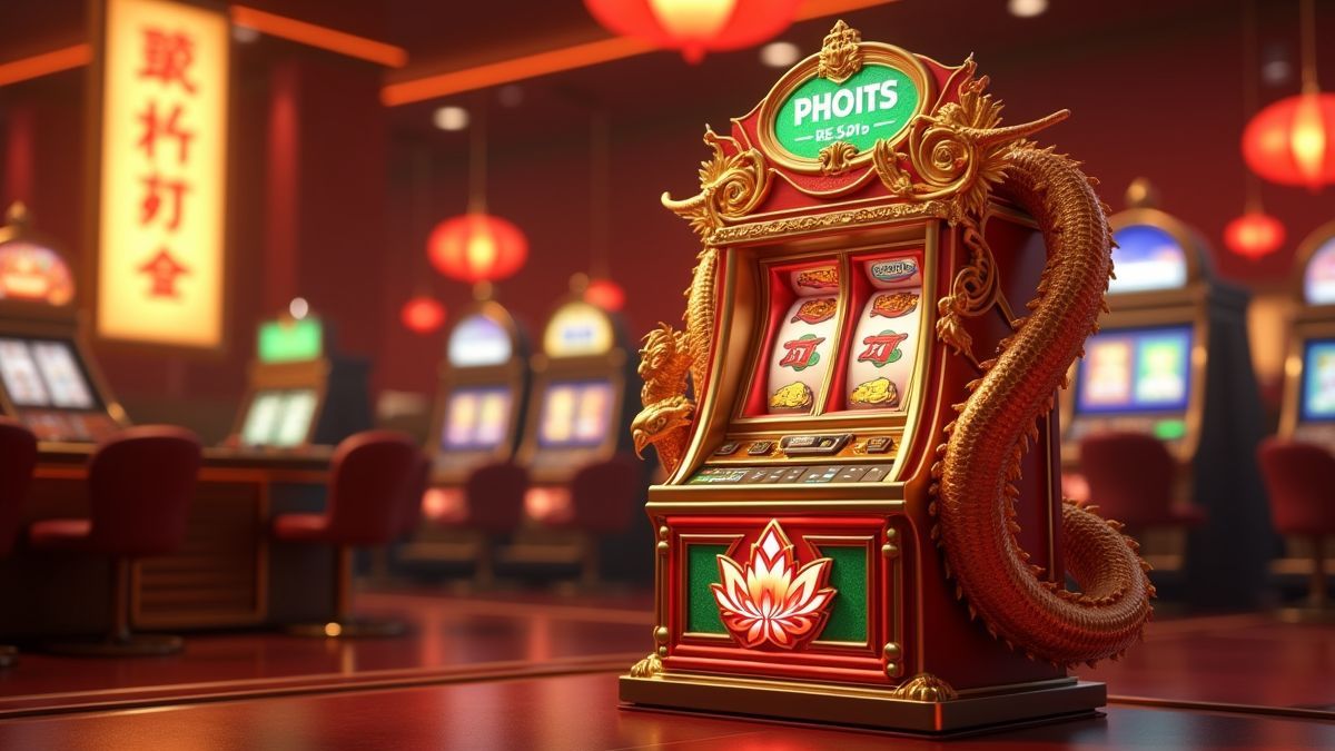 Animated dragon-themed slot machine with lotus flowers and glowing jackpot lights