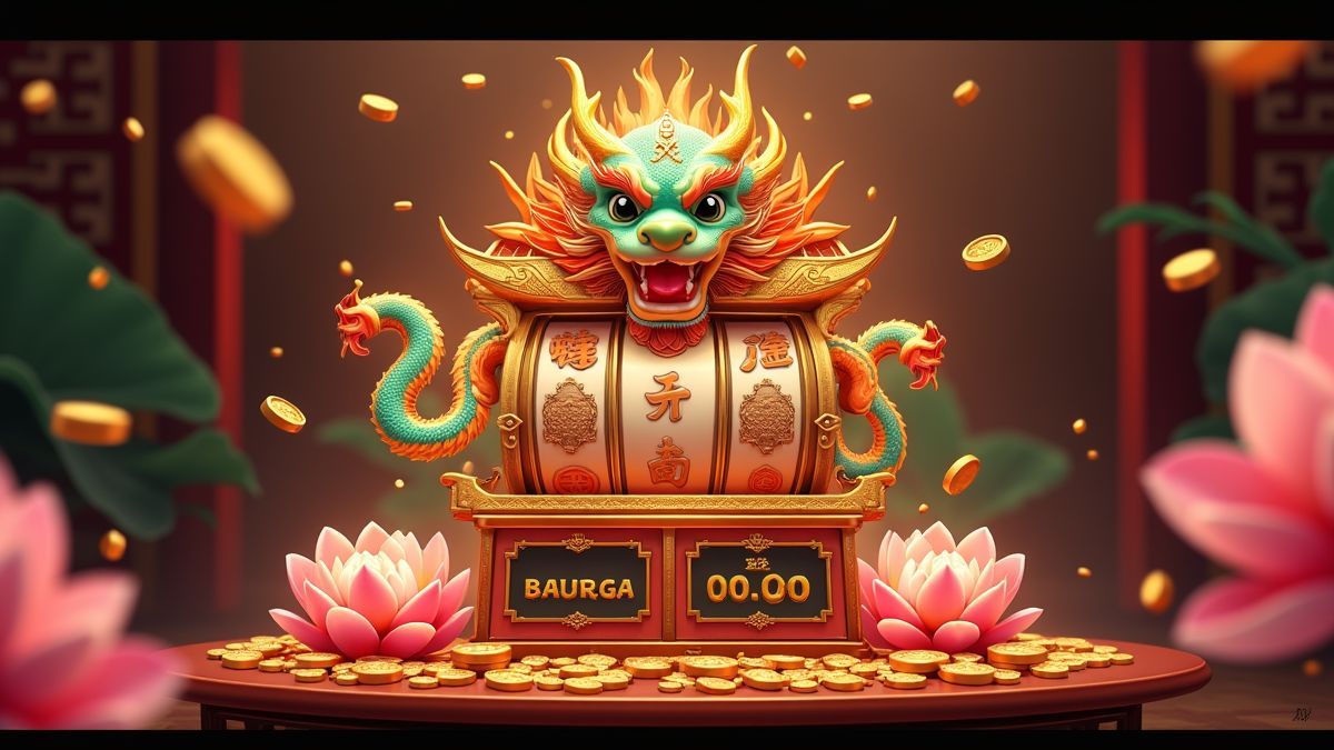 Animated Feng Li Dragon slot machine with lotus flowers and glowing coins