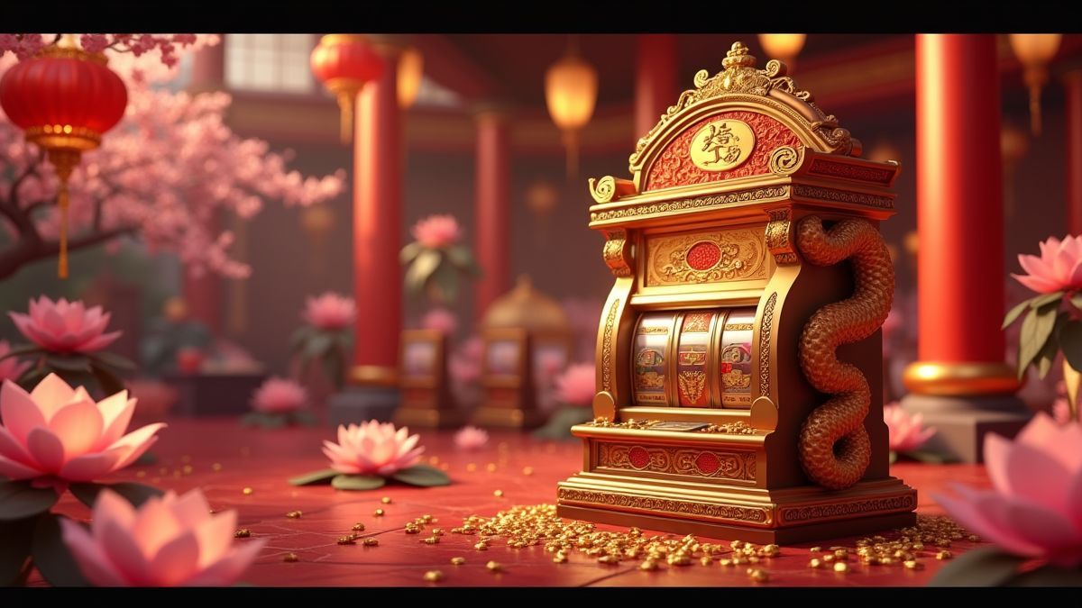 Feng Li Dragon slot cabinet with lotus flowers and a glowing coin bonus chamber
