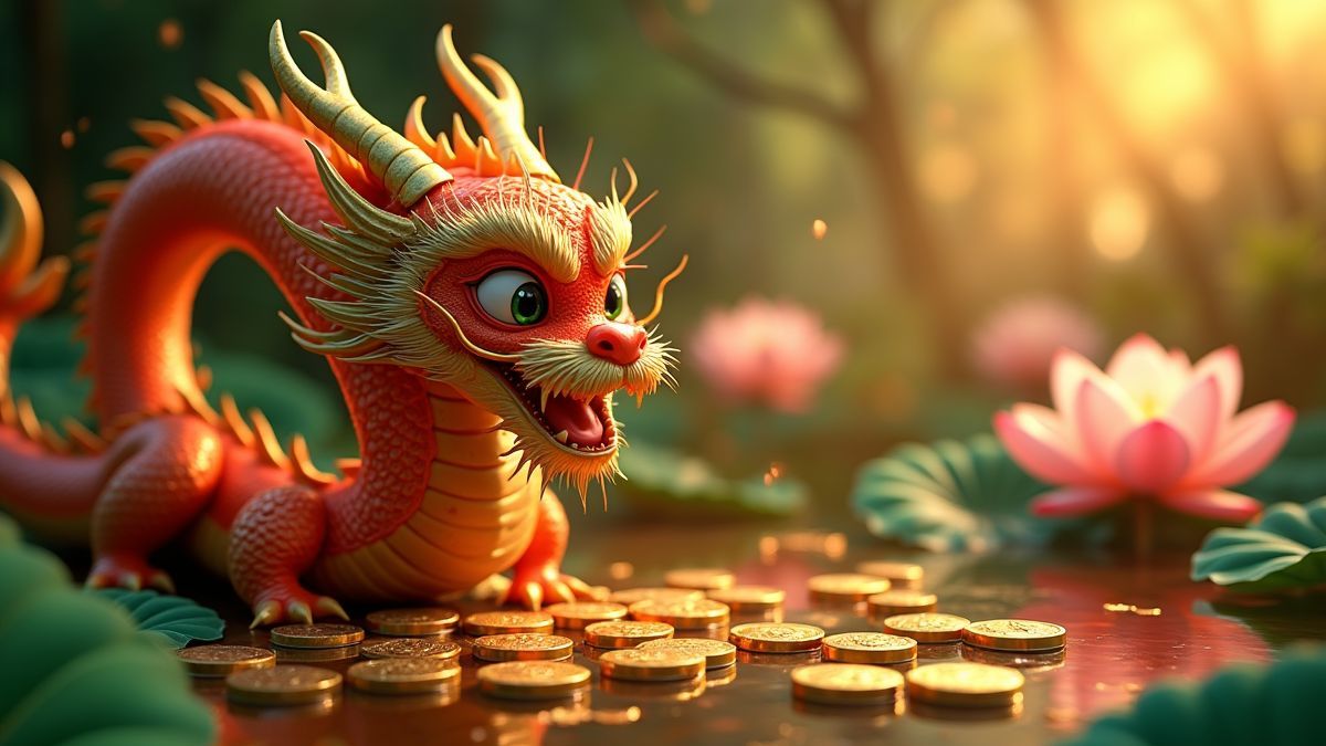 Animated Feng Li Dragon slot machine with gold coins and lotus details
