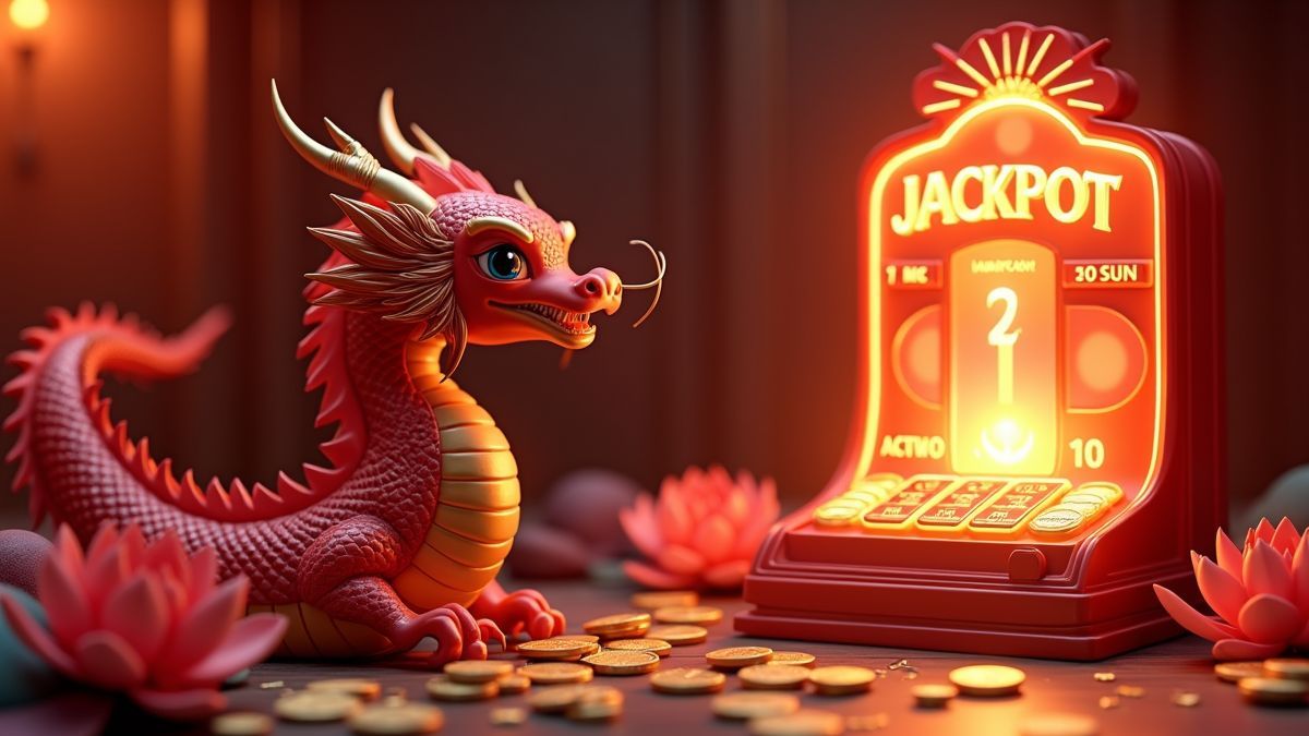 Animated Feng Li Dragon slot machine with glowing gold coins and lotus details