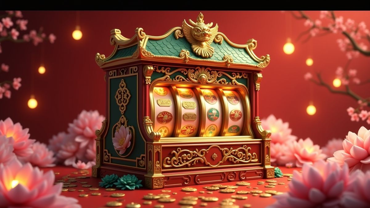 Animated Feng Li Dragon slot machine with lotus flowers and glowing coins