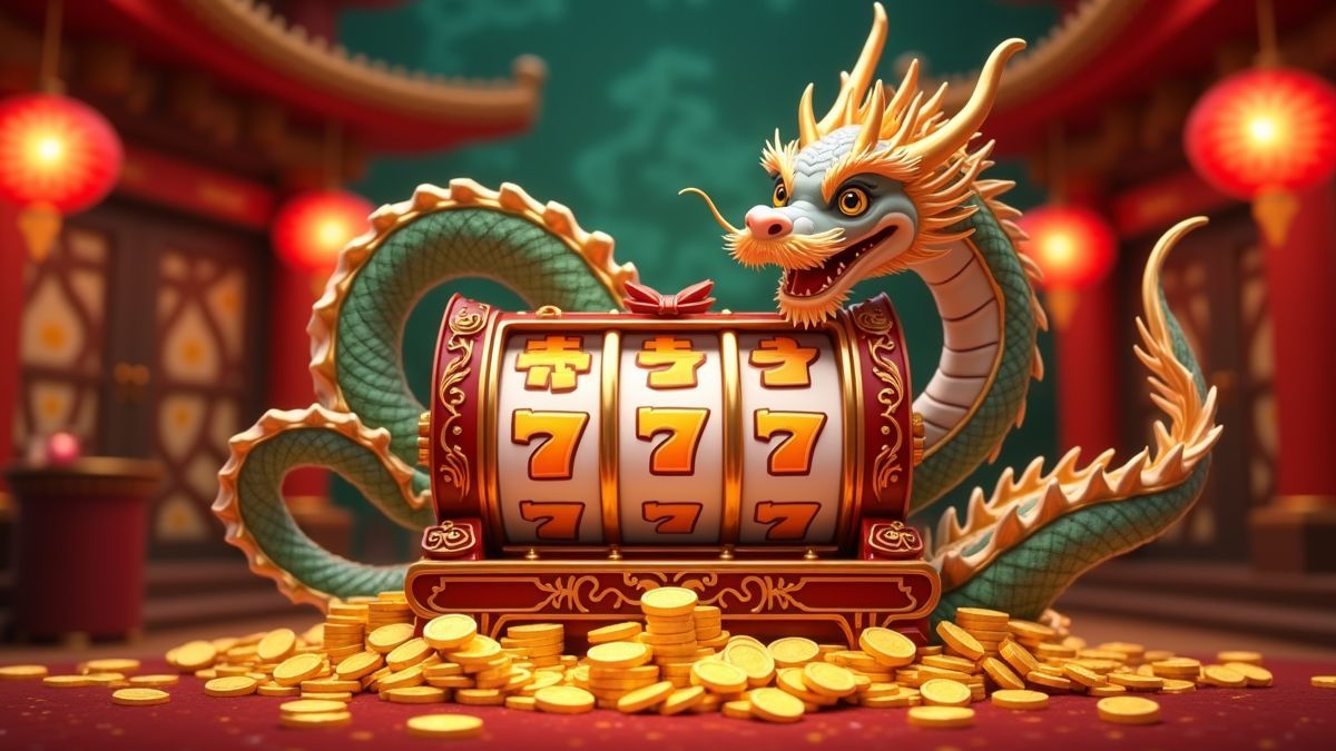 Animated Feng Li Dragon slot machine surrounded by gold coins