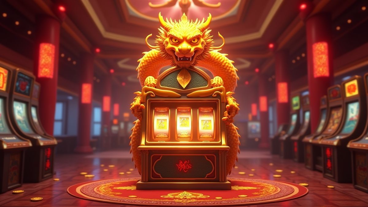 Animated golden dragon above a Feng Li Dragon slot cabinet