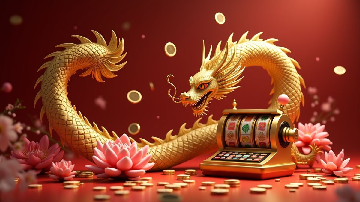 Golden dragon and lotus-themed slot machine in a jackpot casino scene