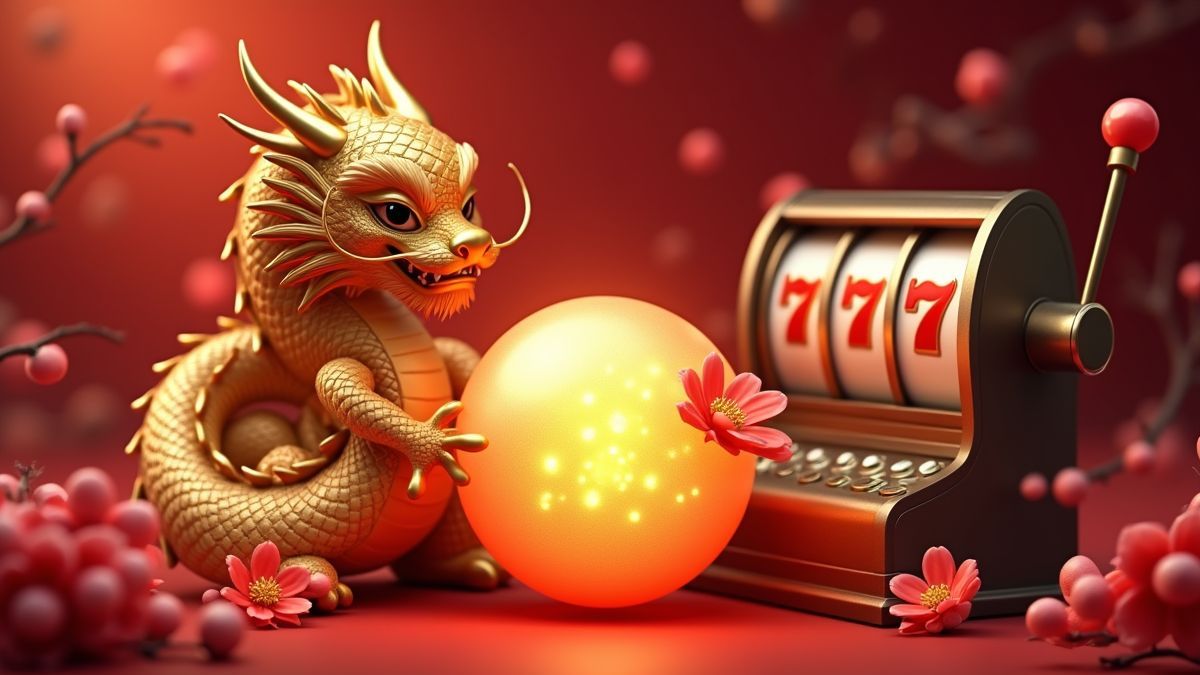 Animated golden dragon beside a jackpot-themed slot machine