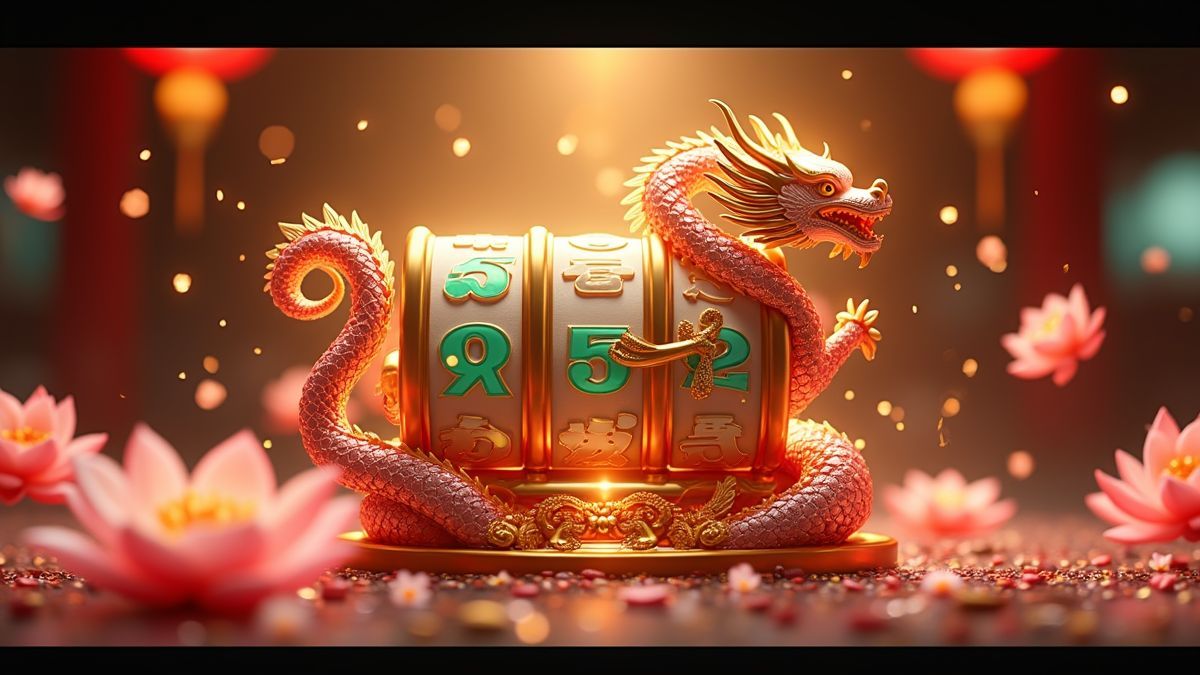 Animated Feng Li Dragon slot machine with gold and jade jackpot lighting