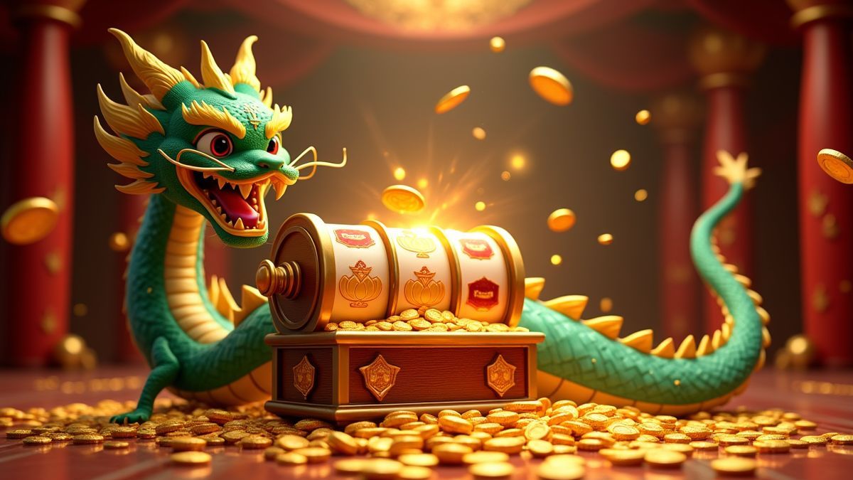 Dragon-themed animated slot machine surrounded by coins and jackpot stars