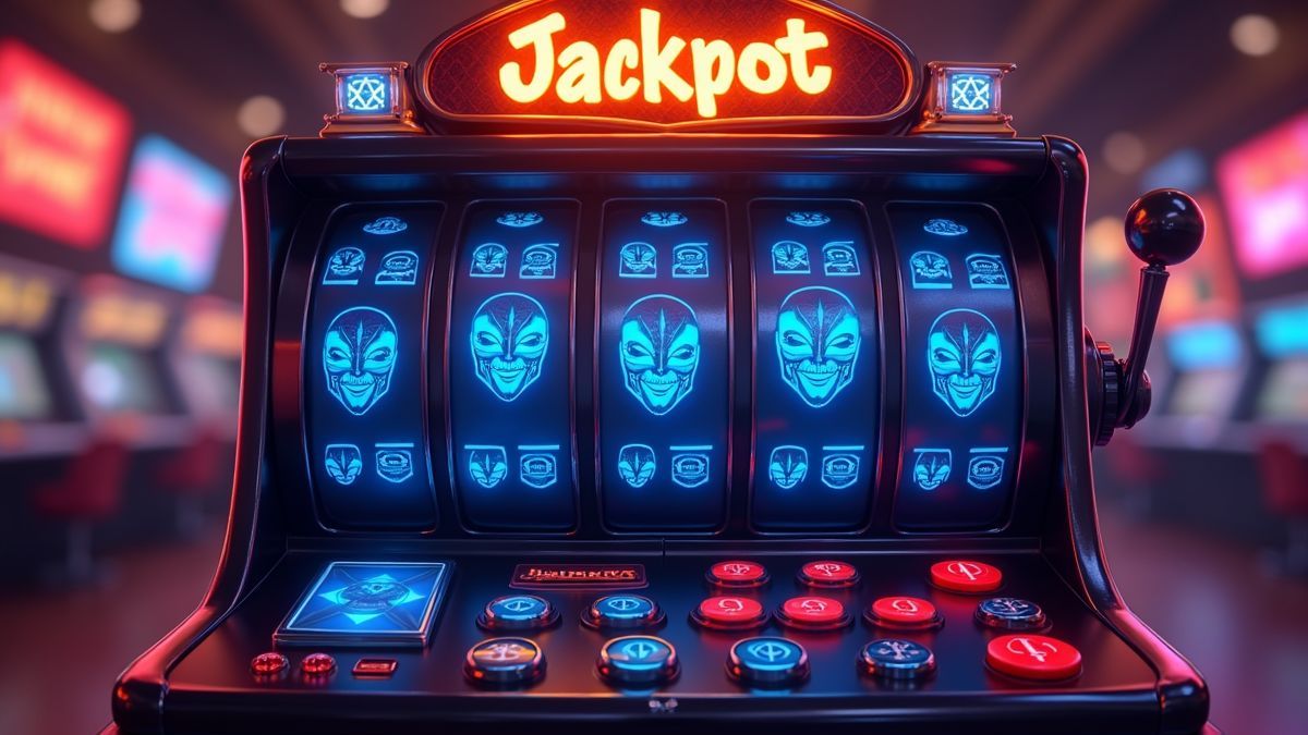 Geanimeerde Five Raiders-slotmachine met overvalthema, symbolen met blauwe maskers en een gloeiende jackpot