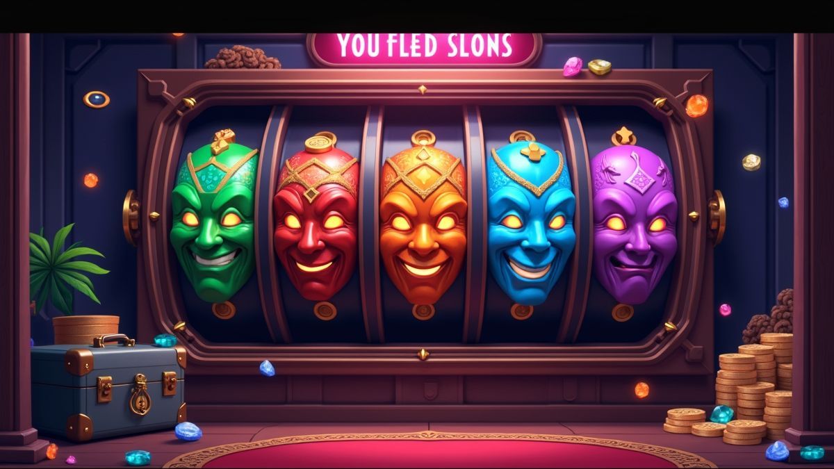 Geanimeerde Five Raiders-slotmachine in een met juwelen gevulde casinokluis