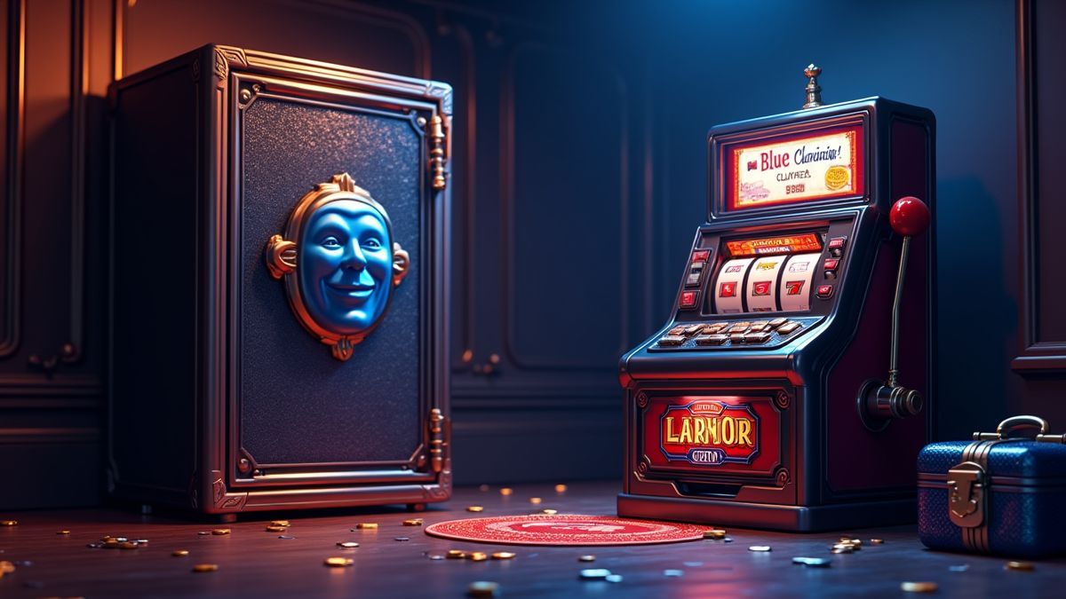 Geanimeerde slotmachine met overvalthema naast een blauwe kluis en een briefkoffer