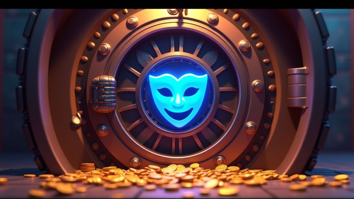 Geanimeerde slotmachine met overvalthema naast een kluis met blauw masker