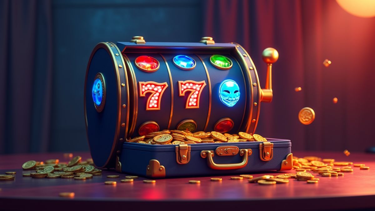 Geanimeerde Five Raiders-slotmachine met overvalthema, blauw masker en koffertje