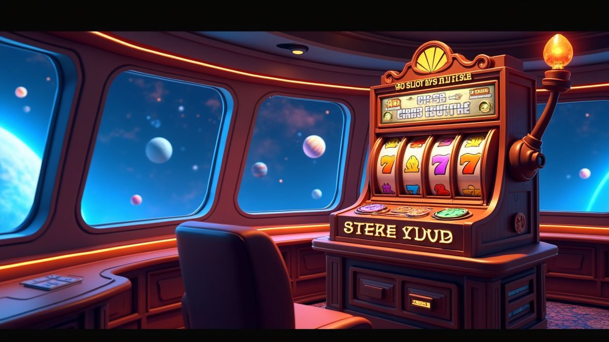 Animated five-reel space-pirate slot machine aboard a starship