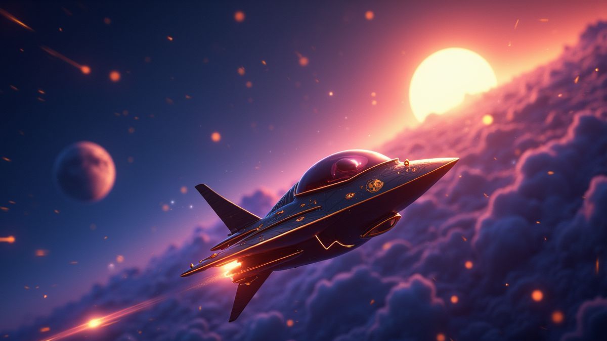 Goldhunter spaceship flying toward a glowing golden planet in a colorful galaxy