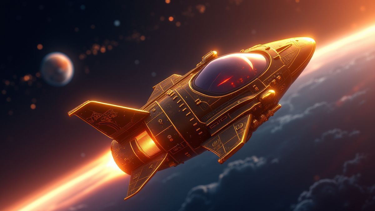 Golden space-pirate ship near planet Aerius in the Galactic Gold theme