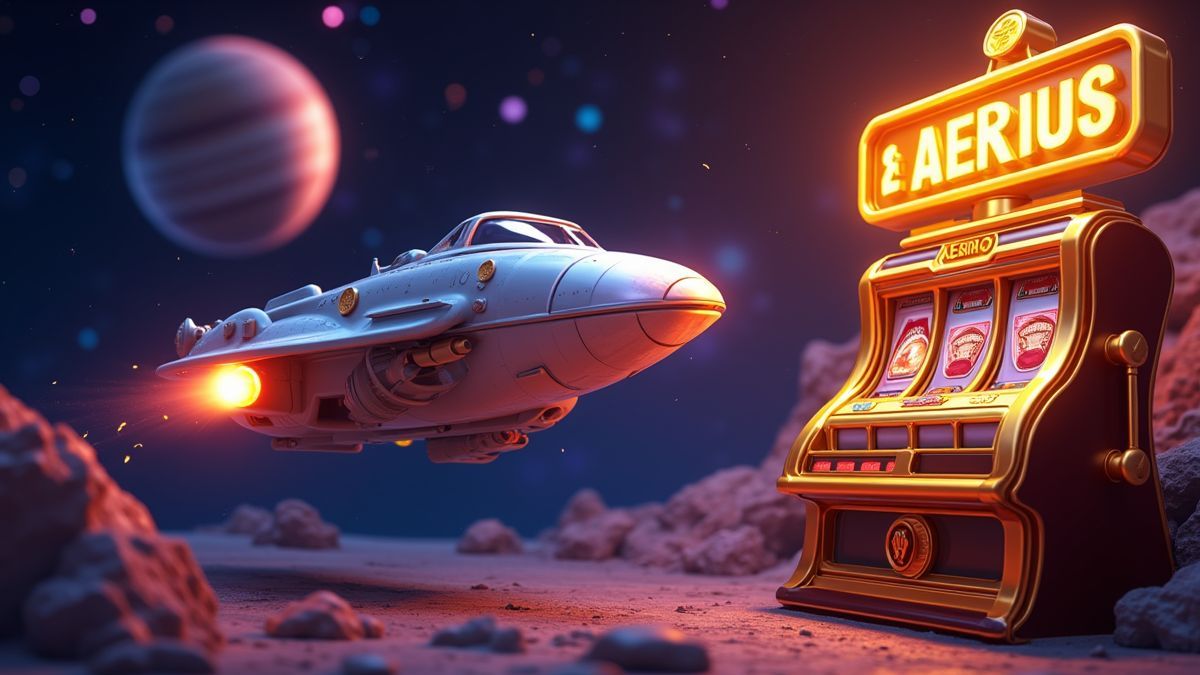 Goldhunter spaceship and golden slot machine in deep space