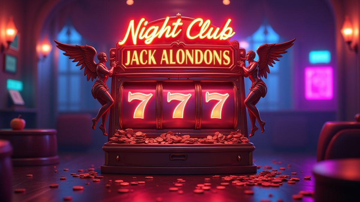 Animated neon slot machine with a copper jackpot glow in a glamorous nightclub