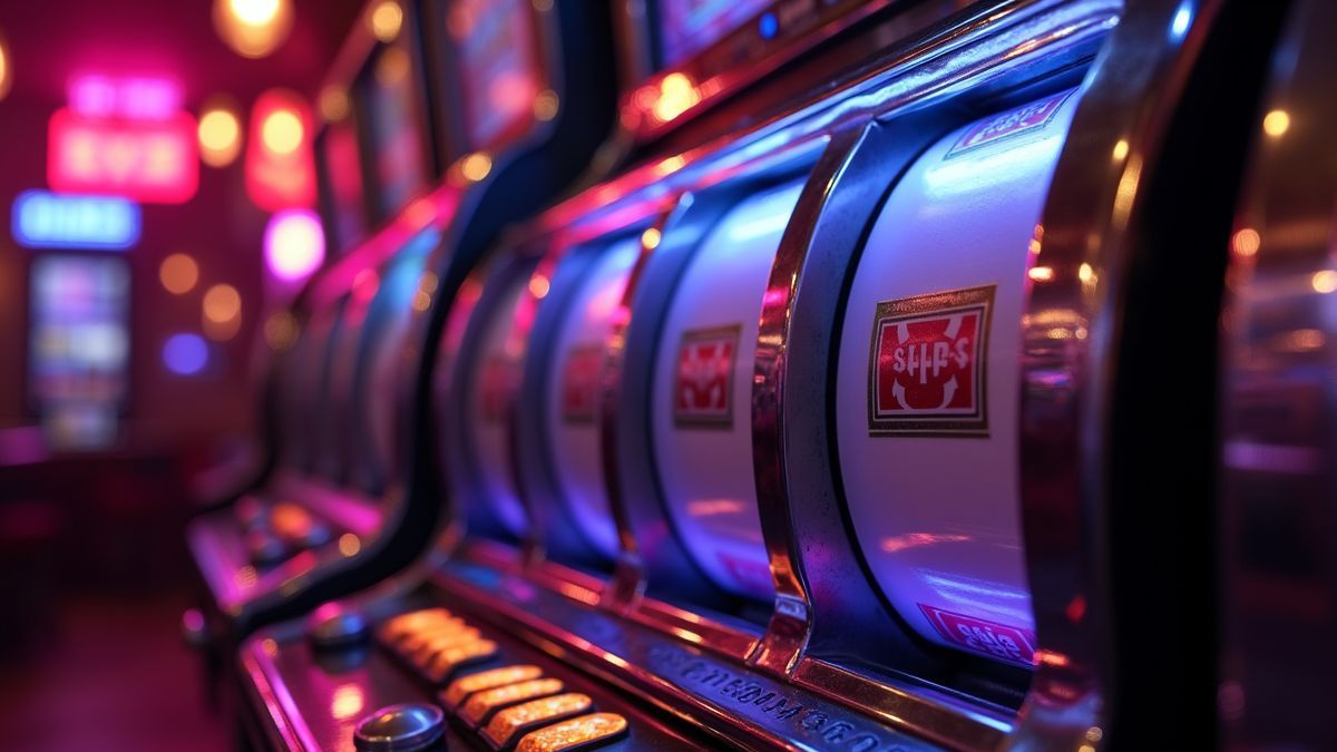 Silberner progressiver Spielautomaten in einem leuchtenden Neon-Nachtclub