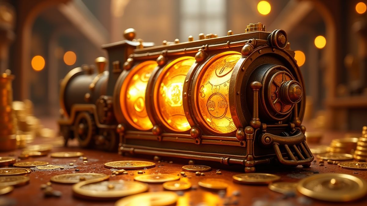 Animated steampunk gold factory slot machine with jackpot lights
