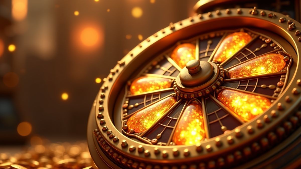 Animated brass progressive jackpot wheel beside a gold factory slot