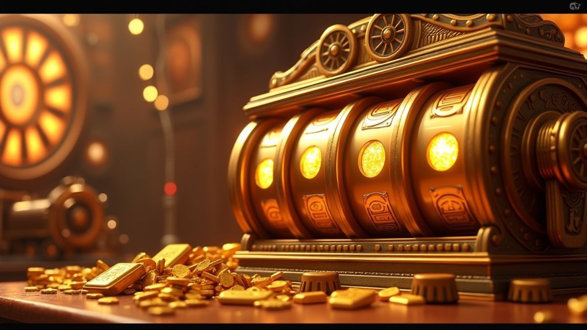 Animated steampunk gold factory slot machine with a jackpot wheel