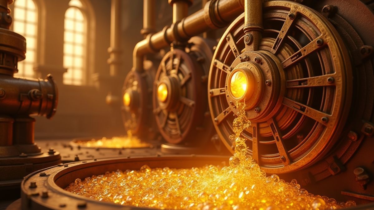 Steampunk jackpot machine glowing inside a gold refinery