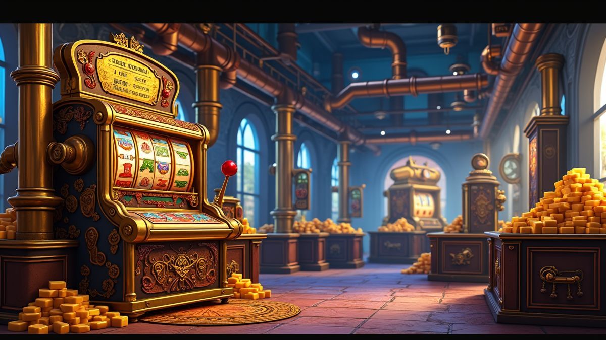 Animated gold factory slot machine with brass pipes and gold bars
