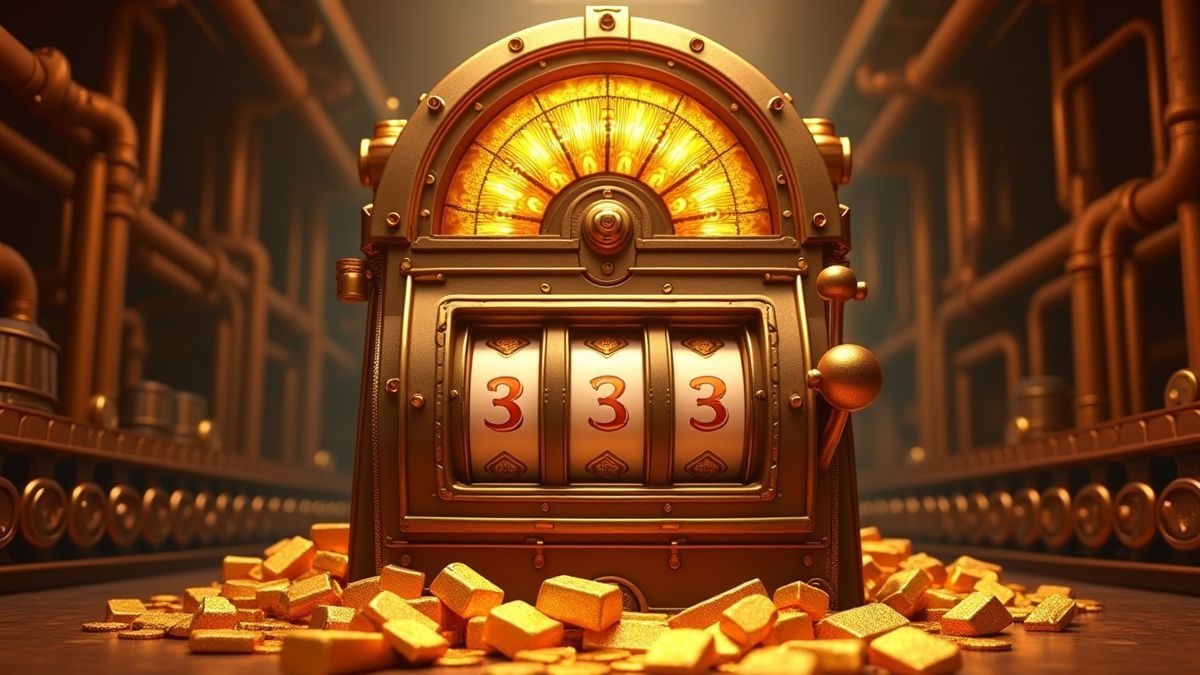 Animated steampunk gold factory slot machine with a glowing jackpot wheel