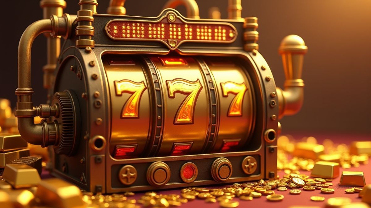 Steampunk Gold Factory progressive slot machine surrounded by gold bars