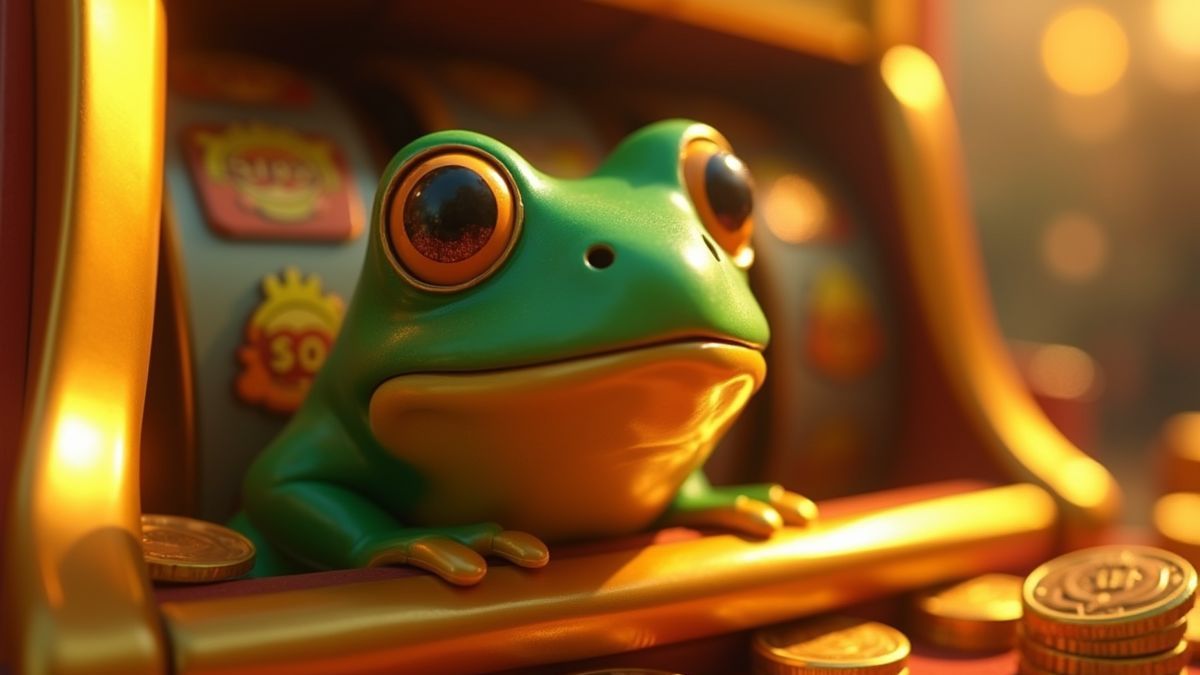 Animierter Golden Money Frog Spielautomat Nahaufnahme mit leuchtenden Symbolen
