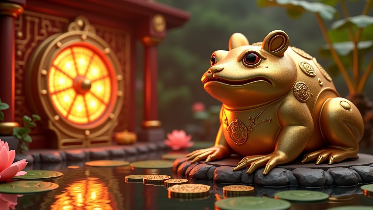Animated Golden Money Frog fortune wheel beside a lotus pond