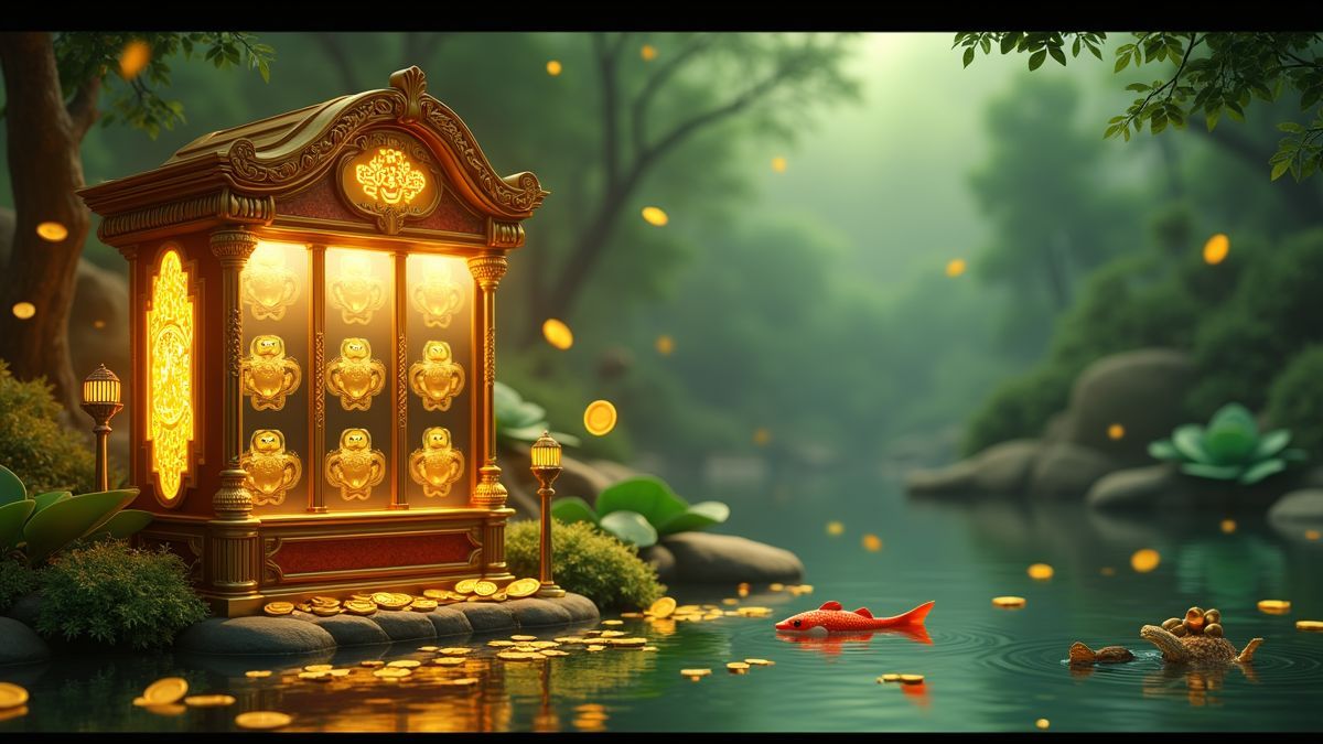 Animated Golden Money Frog slot machine beside the Money Pond